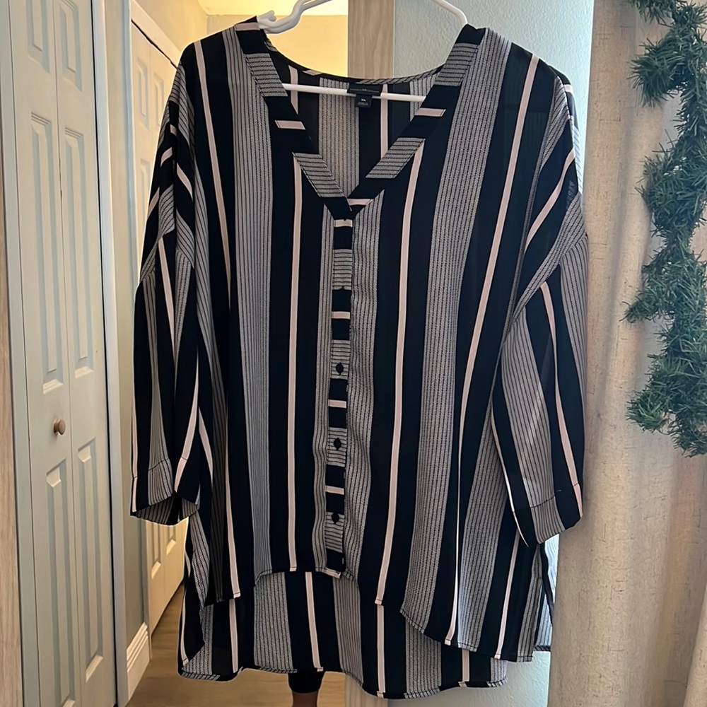 Navy/Black, White and Pink Strip Button Down Blouse